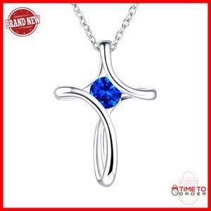 Sterling Silver Cross Necklace with Birthstone Diamond Sideways Pendant